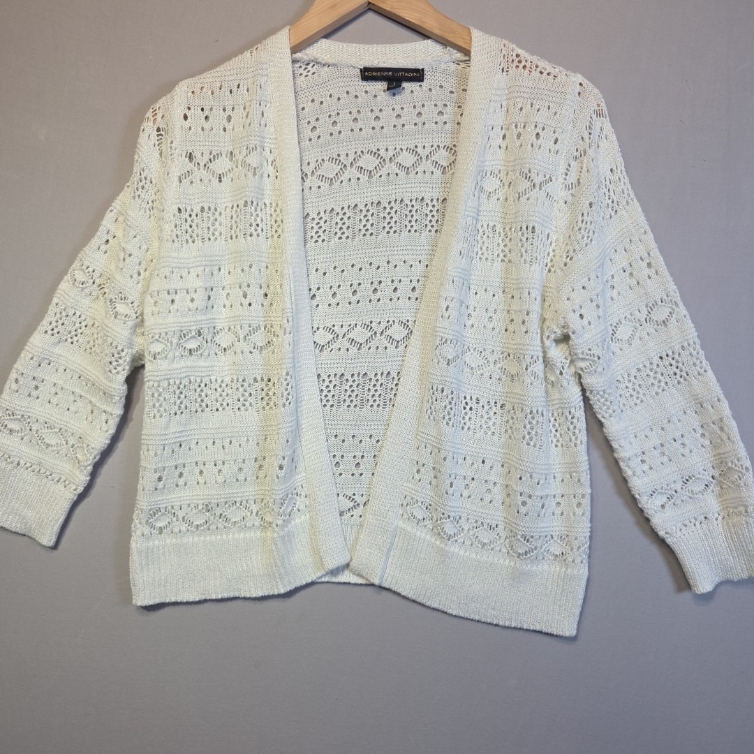 Adrienne Vittadini Open Knit Cardigan Sweater Women's Large Ivory Metallic Croch